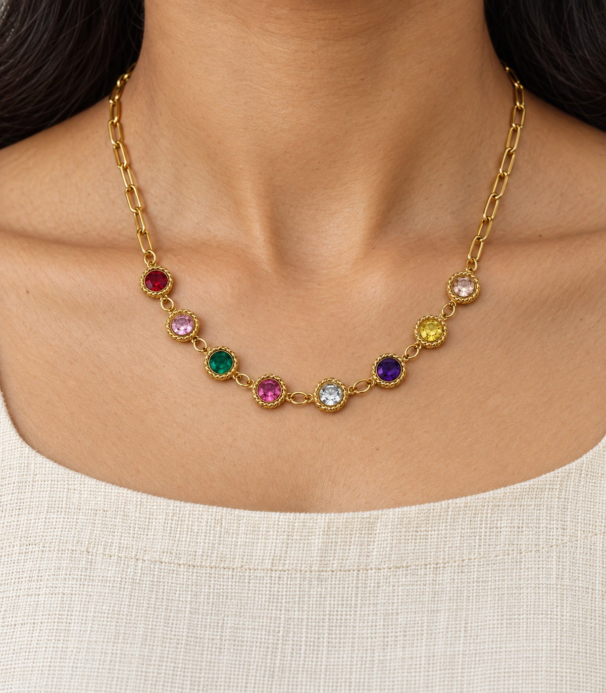 JIMIKI Gold Tone Multicolour Round Crystal Paperclip Necklace in Gold Tone / Multicolour - worn styling view #color_gold-tone-multicolour