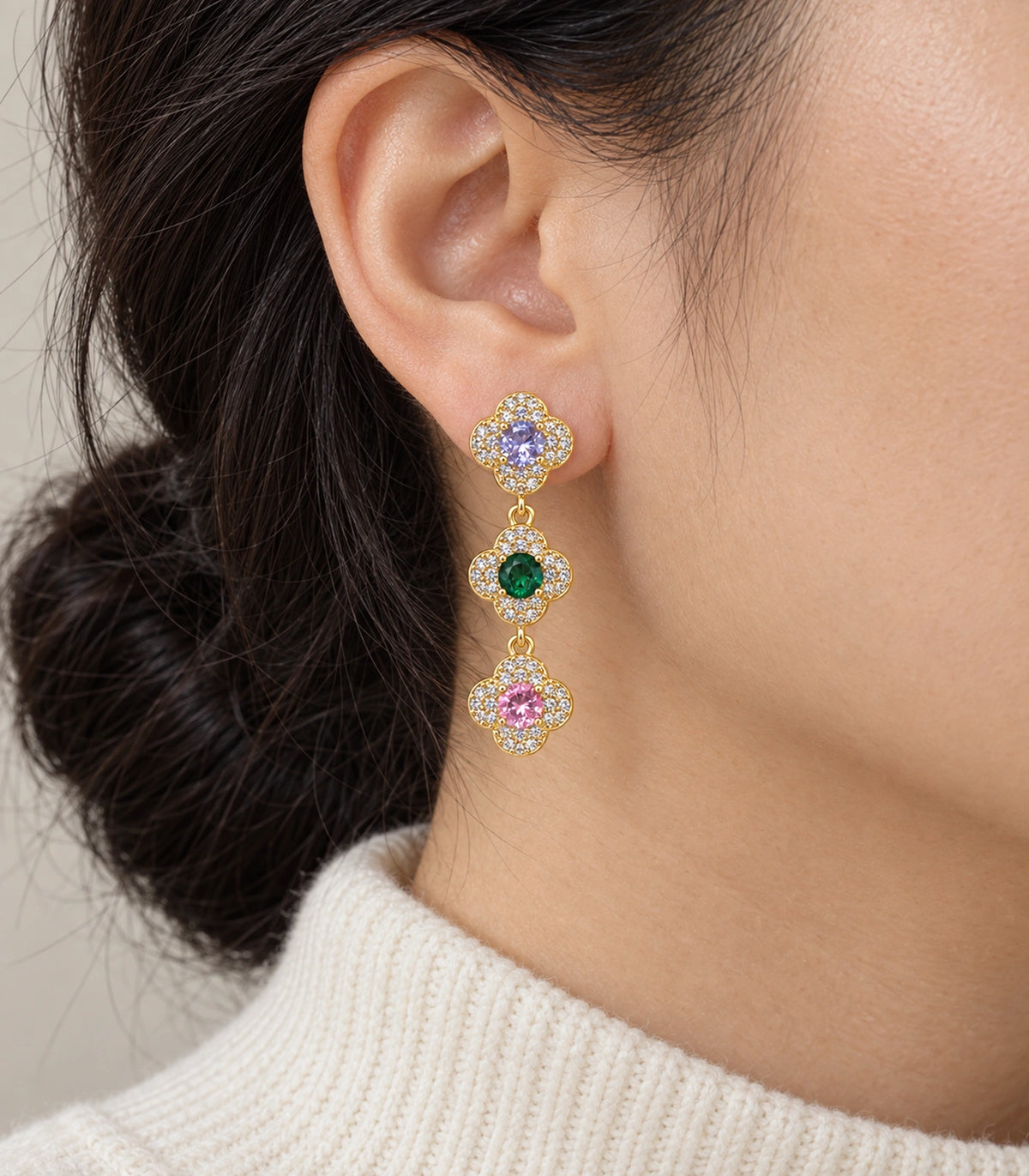 JIMIKI Gold Tone Multicolour Triple Clover Halo Drop Earring Pair in Gold tone / multicolour, close-up detail