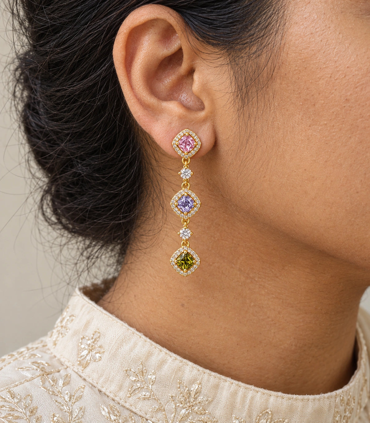 JIMIKI Linked Multicolour Cushion Halo Drop Earring Pair in Gold tone / multicolour, close-up detail #color_gold tone / multicolour