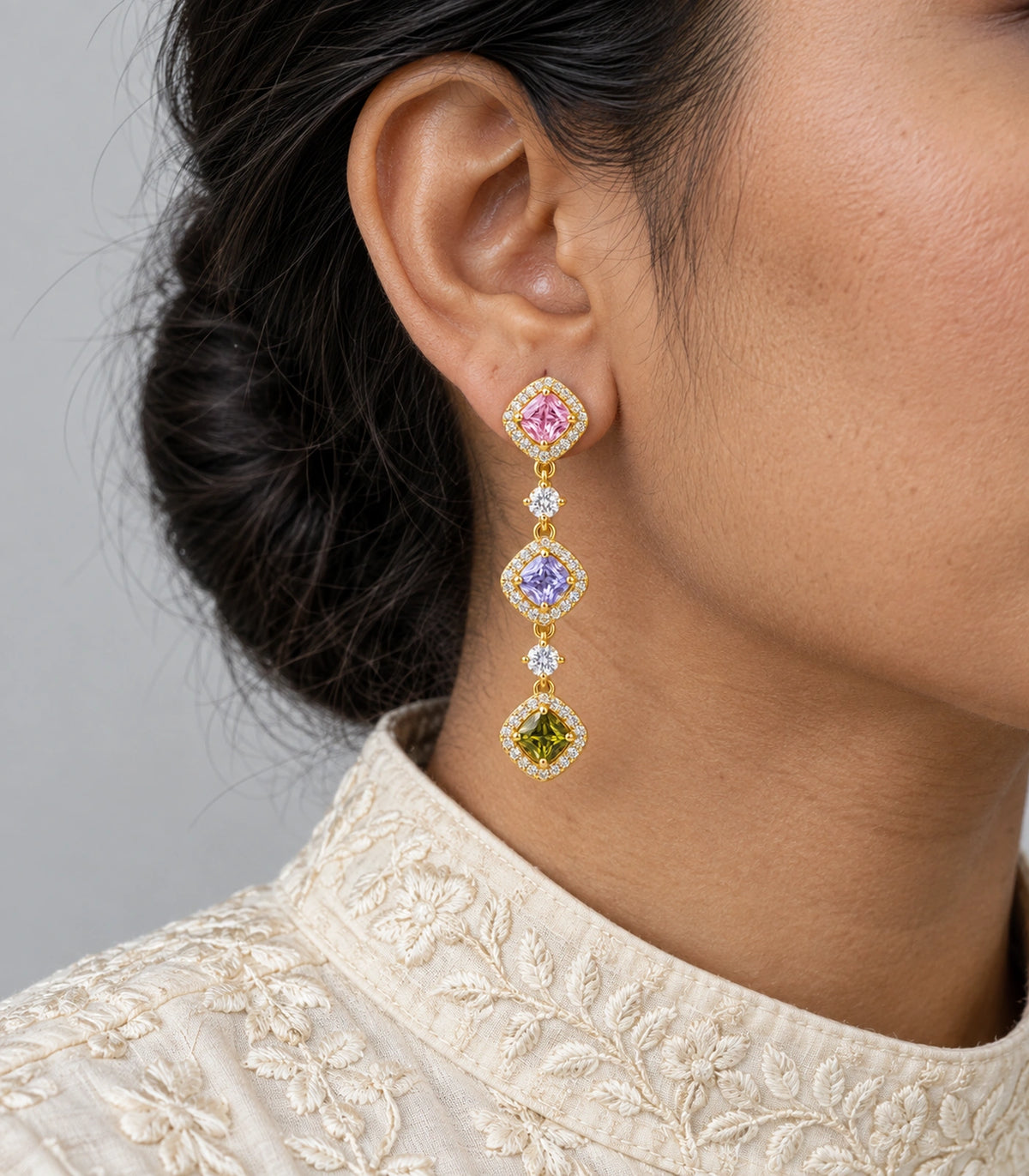 JIMIKI Linked Multicolour Cushion Halo Drop Earring Pair in Gold tone / multicolour, model wearing view #color_gold tone / multicolour