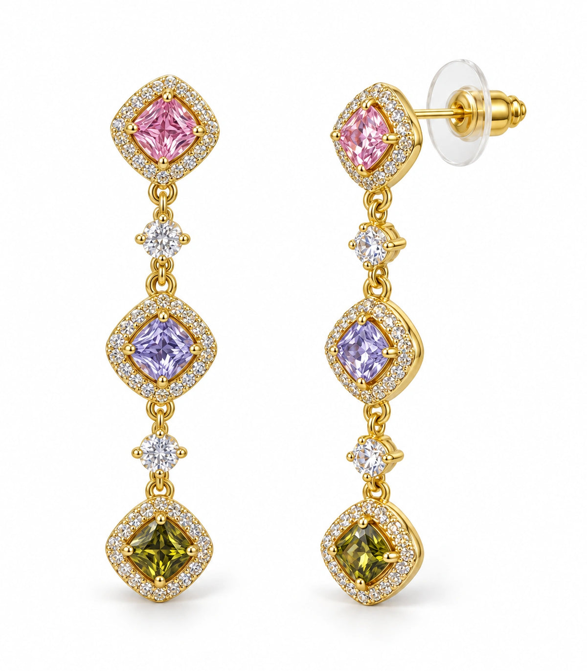 JIMIKI Linked Multicolour Cushion Halo Drop Earring Pair in Gold tone / multicolour, white background product view #color_gold tone / multicolour