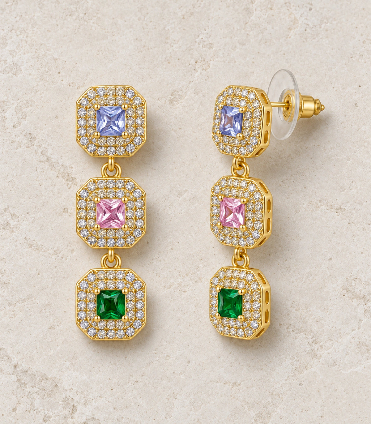JIMIKI Triple Square Halo Drop Earring Pair in Gold tone / multicolour, editorial flat lay #color_gold tone / multicolour