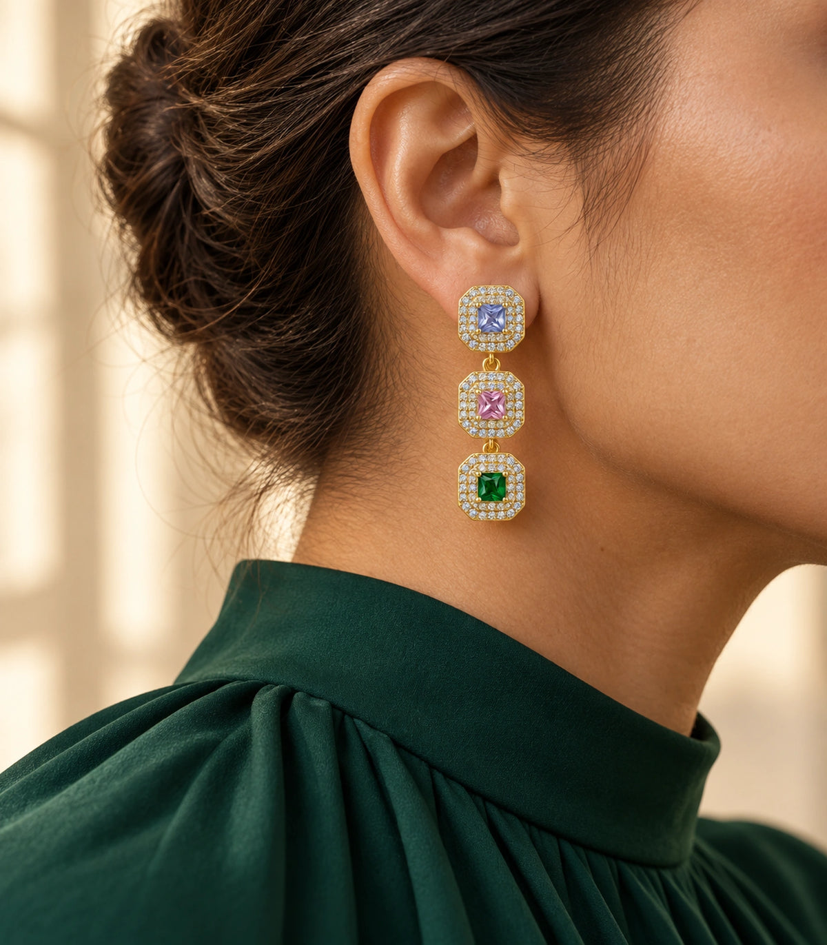 JIMIKI Triple Square Halo Drop Earring Pair in Gold tone / multicolour, editorial model view #color_gold tone / multicolour