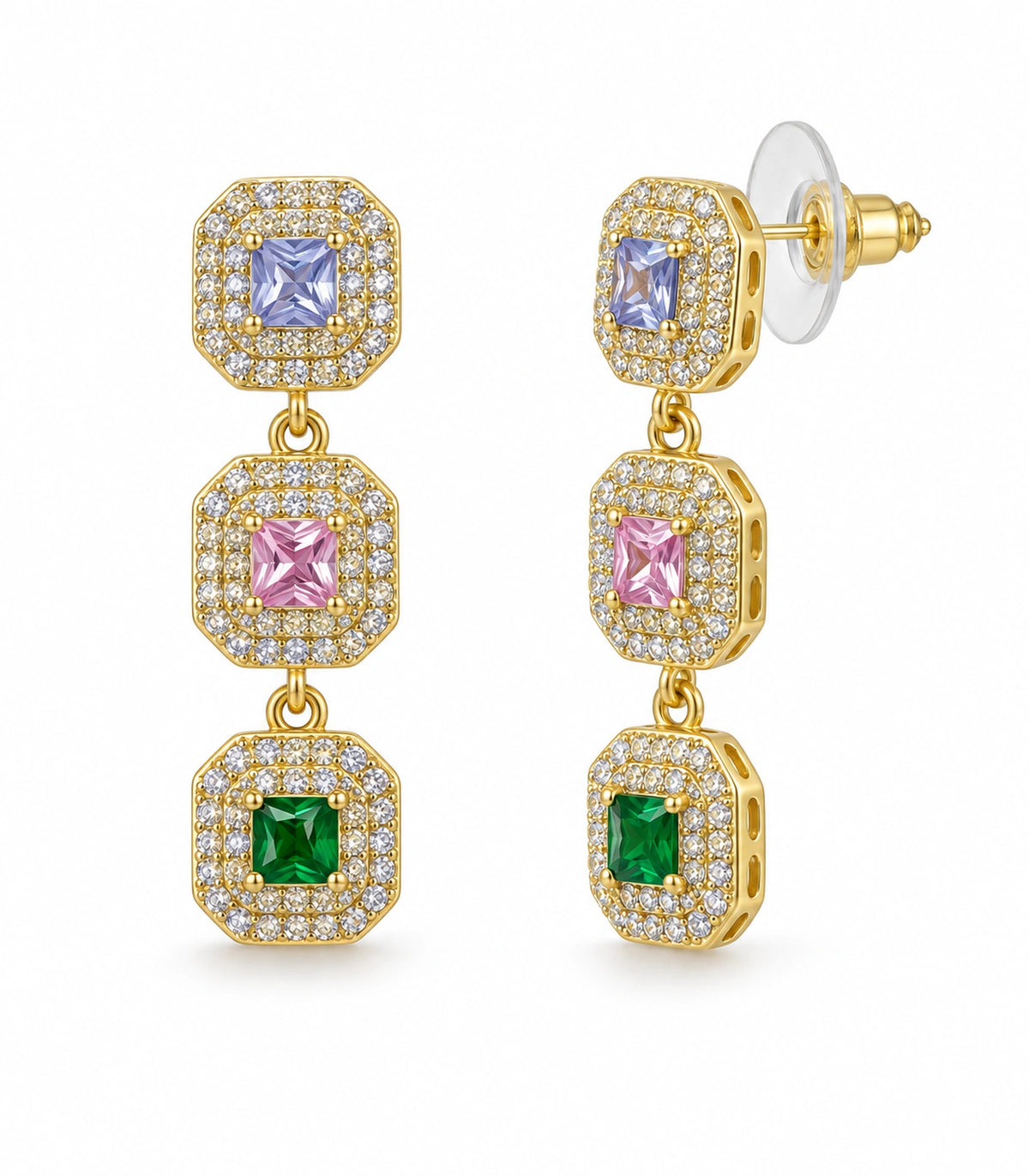 JIMIKI Triple Square Halo Drop Earring Pair in Gold tone / multicolour, white background product view #color_gold tone / multicolour