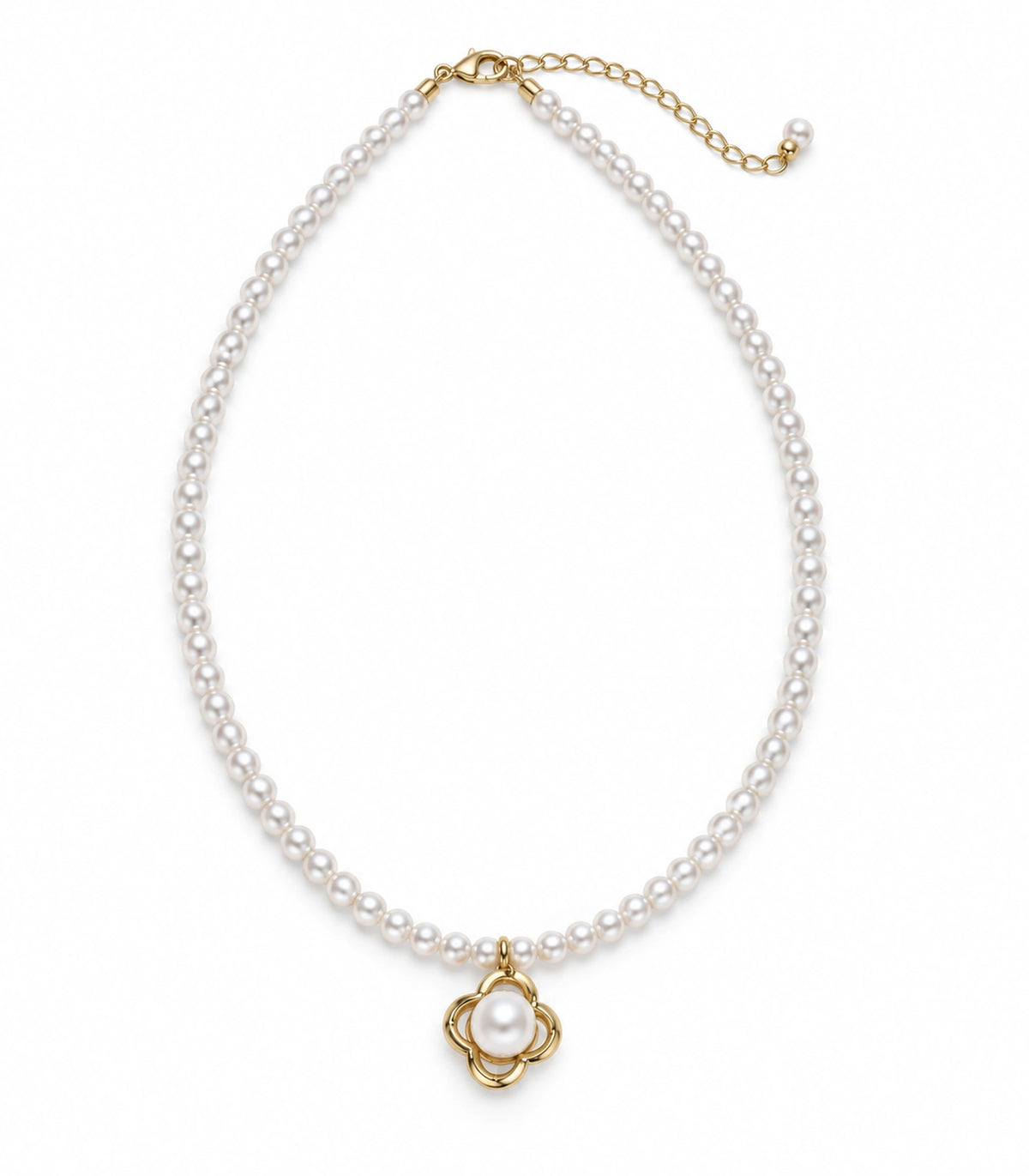JIMIKI Gold Tone Open Clover Pearl Style Necklace in Gold tone / white, white background product view