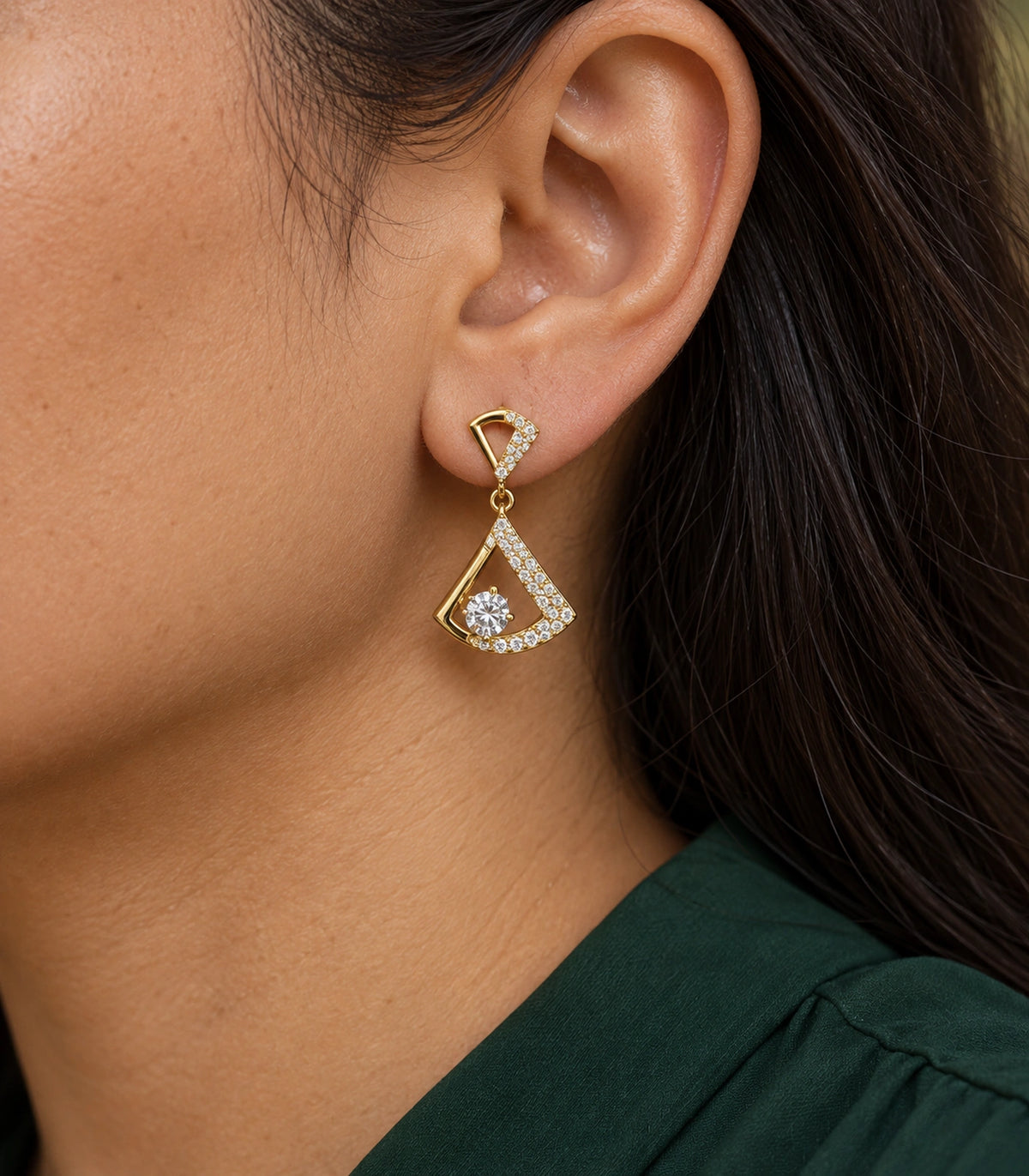 JIMIKI Open Fan Crystal Drop Earring Pair in Gold Tone, close-up detail #color_gold tone