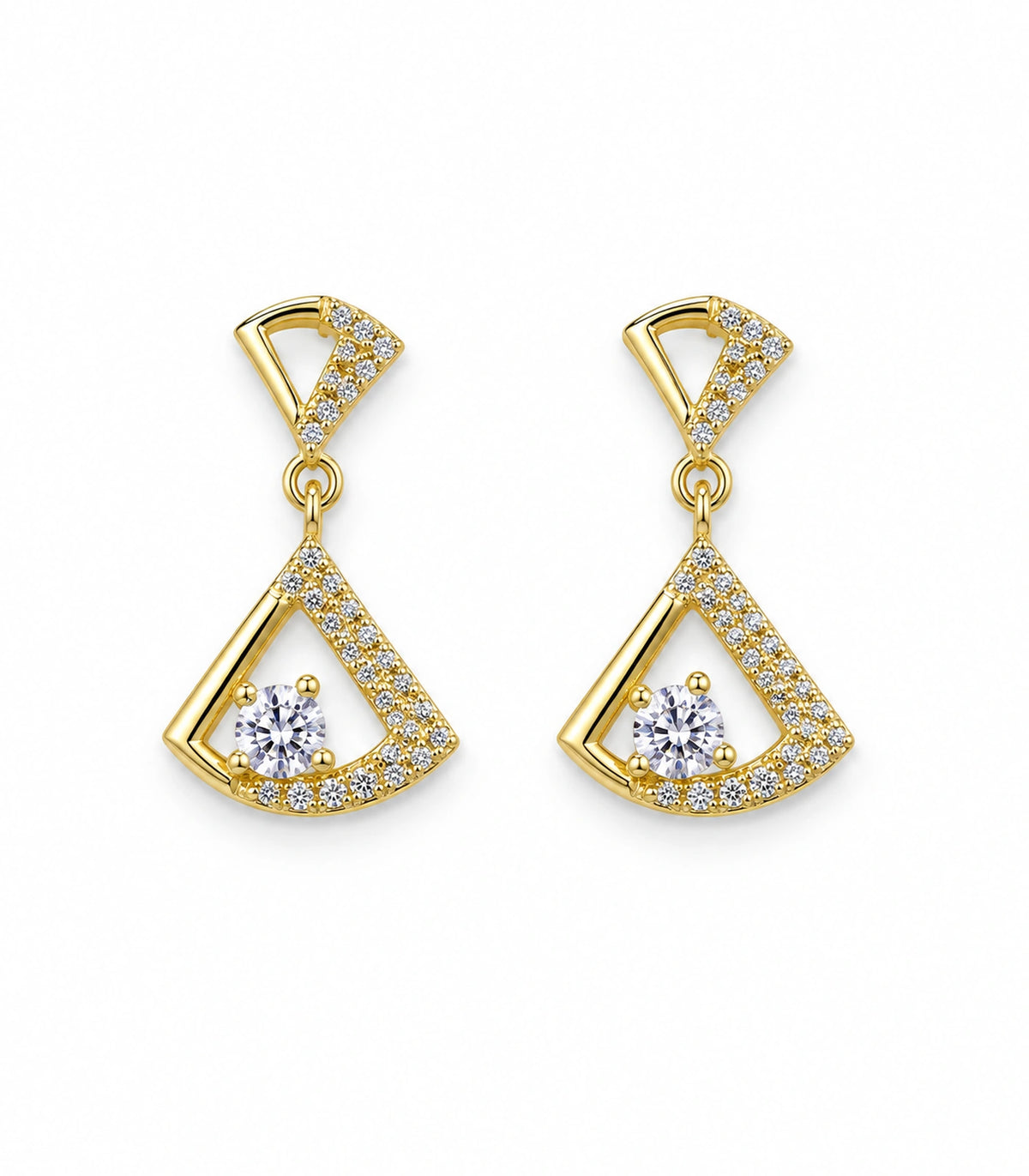JIMIKI Open Fan Crystal Drop Earring Pair in Gold Tone, white background product view #color_gold tone