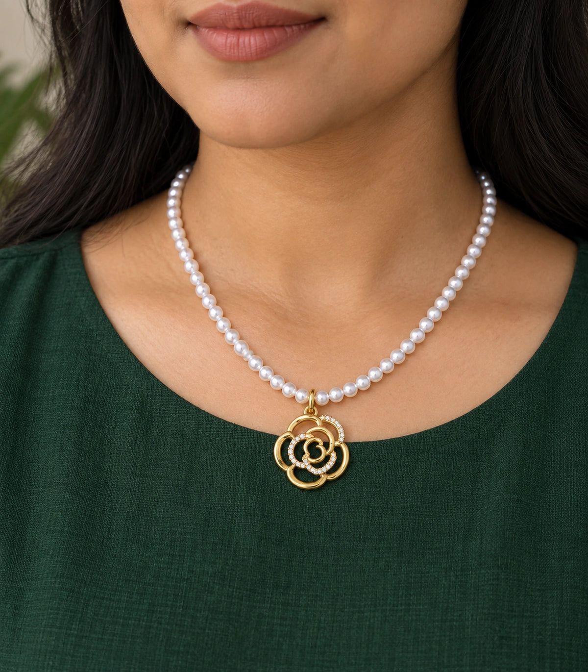 JIMIKI Gold Tone Openwork Rose Crystal Pearl Necklace in Gold / White, model wearing view