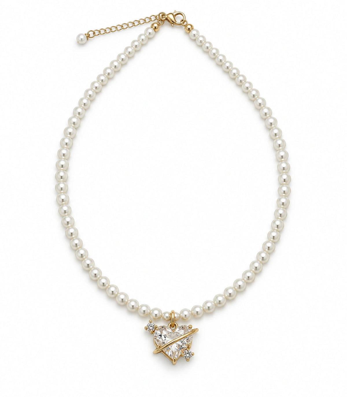 JIMIKI Gold Tone Orbit Heart Crystal Pearl Style Necklace in Gold tone / white, white background product view
