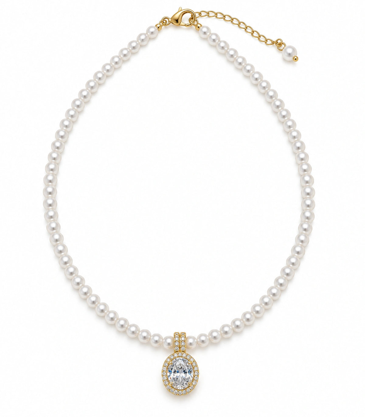 JIMIKI Gold Tone Oval Halo Crystal Pearl Style Necklace in Gold / White, white background product view