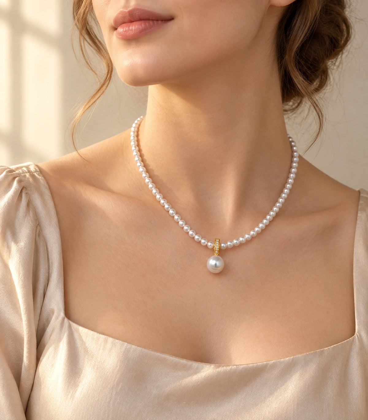 JIMIKI Gold-Tone Pavé Bail Pearl Drop Necklace in Gold-tone, styled on a model in an editorial setting