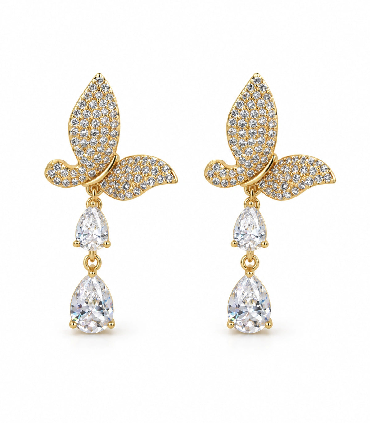 JIMIKI Pave Butterfly Double Teardrop Earring Pair in Gold-tone, white background product view #color_gold-tone