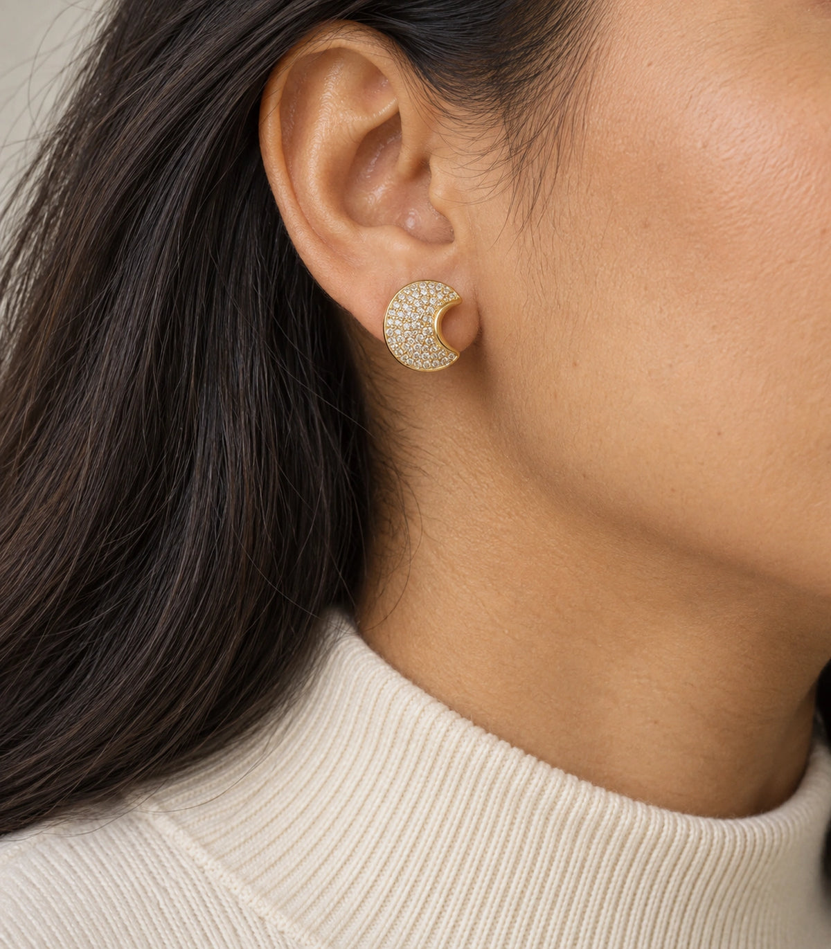 JIMIKI Pave Crescent Moon Stud Earring Pair in Gold-tone, model wearing view #color_gold-tone