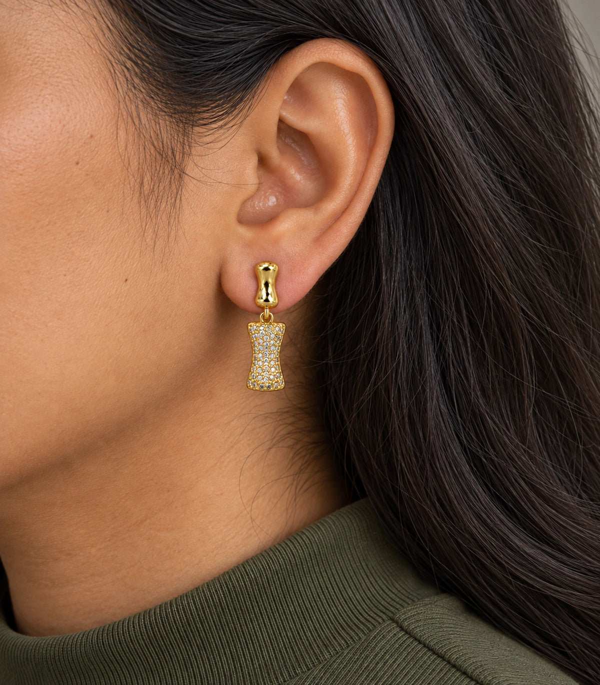JIMIKI Pave Hourglass Drop Earring Pair in Gold tone, close-up detail #color_gold tone