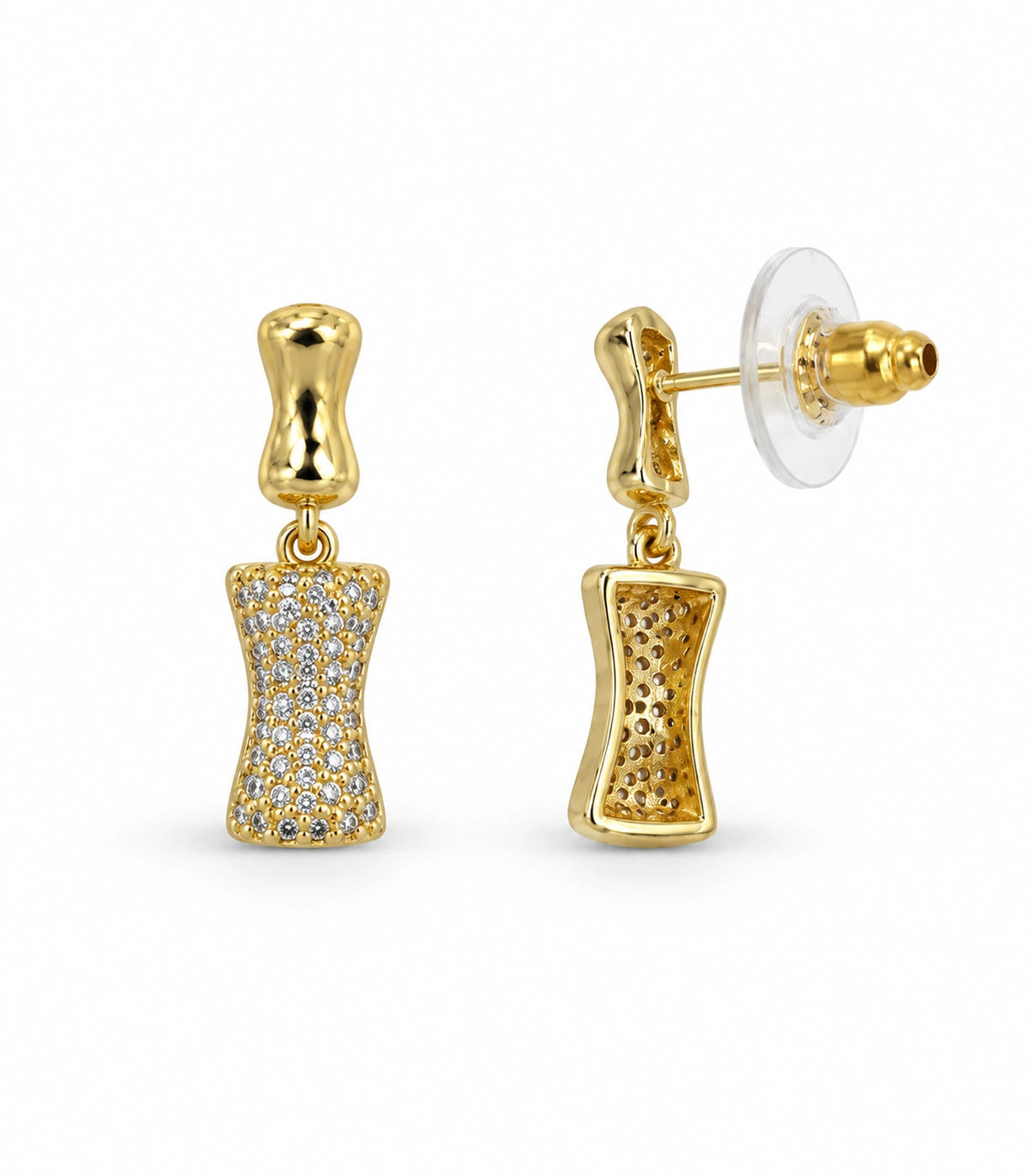 JIMIKI Pave Hourglass Drop Earring Pair in Gold tone, white background product view #color_gold tone