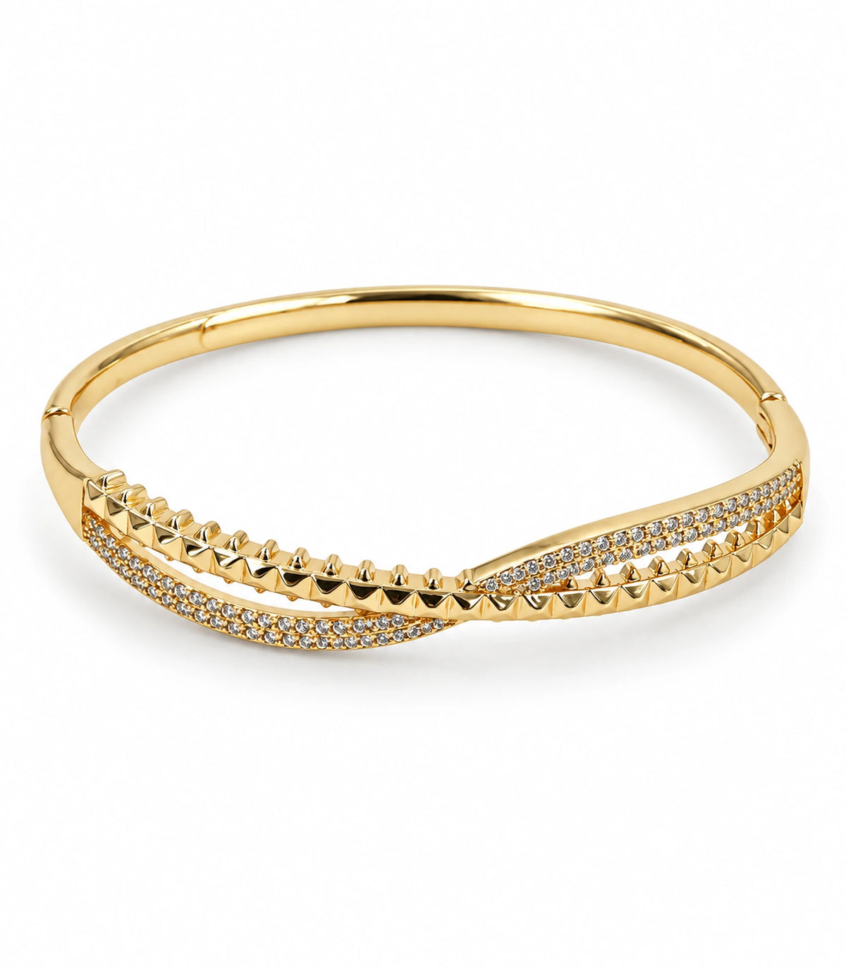 JIMIKI Gold-Tone Pavé Pyramid Crossover Bangle — bangle on white background #color_gold-tone / clear