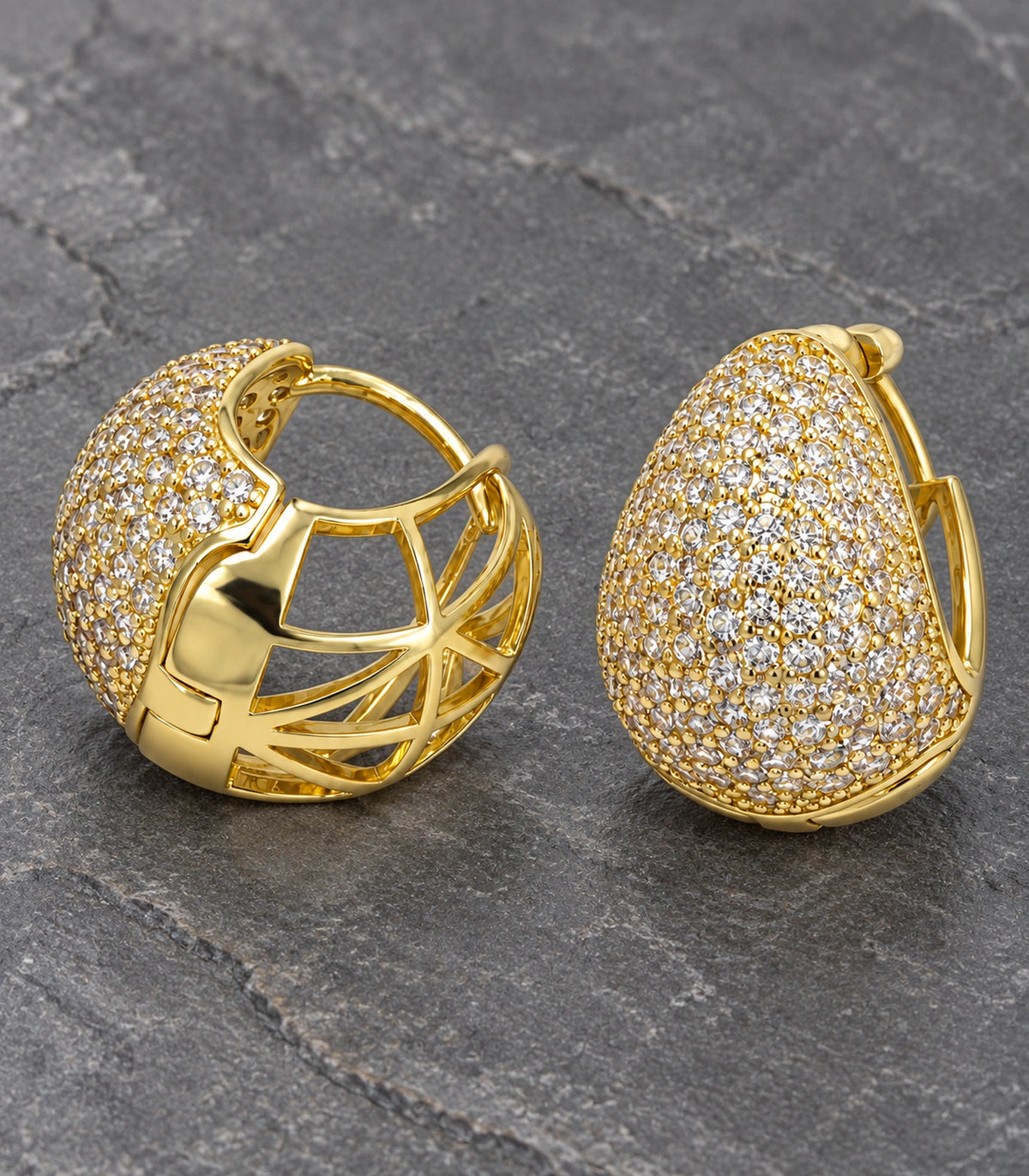 JIMIKI Gold-Tone Pave Teardrop Lattice Hoop Earrings in Gold tone/Clear, editorial flat lay