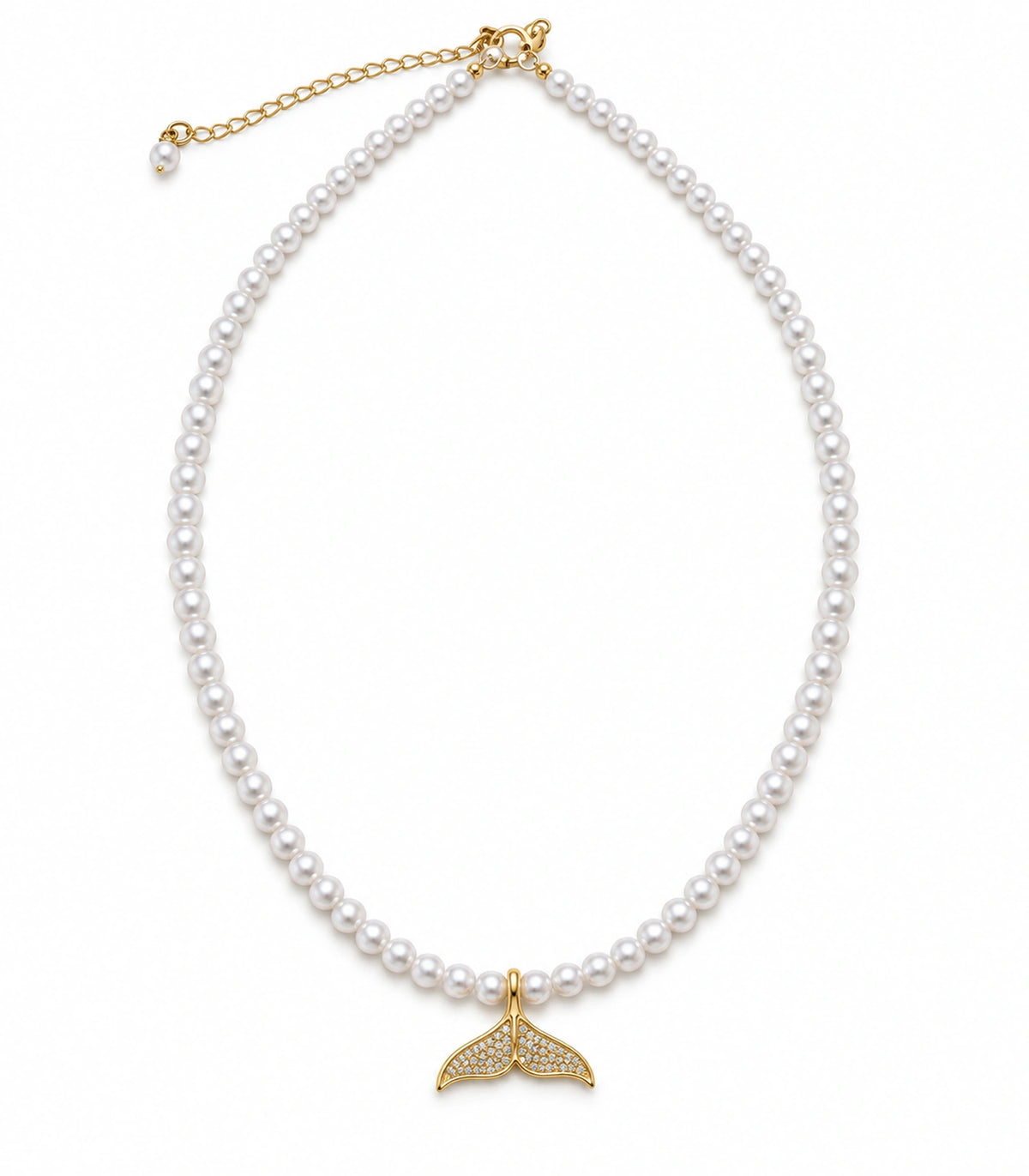 JIMIKI Pavé Whale Tail Pearl Necklace in Gold-tone, on a white background #color_gold-tone