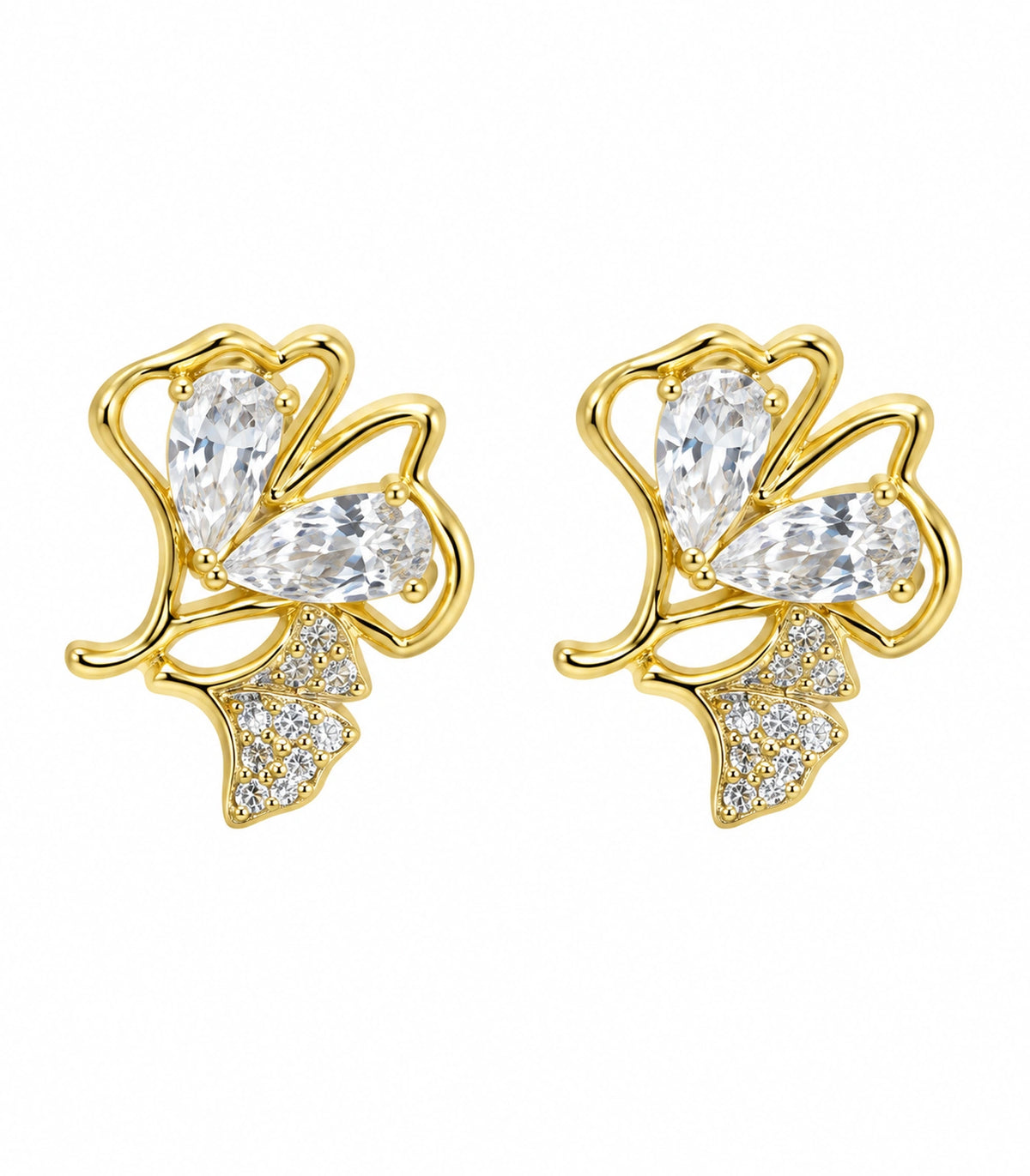 JIMIKI Pear Crystal Open Leaf Stud Earring Pair in Gold Tone, white background product view #color_gold tone