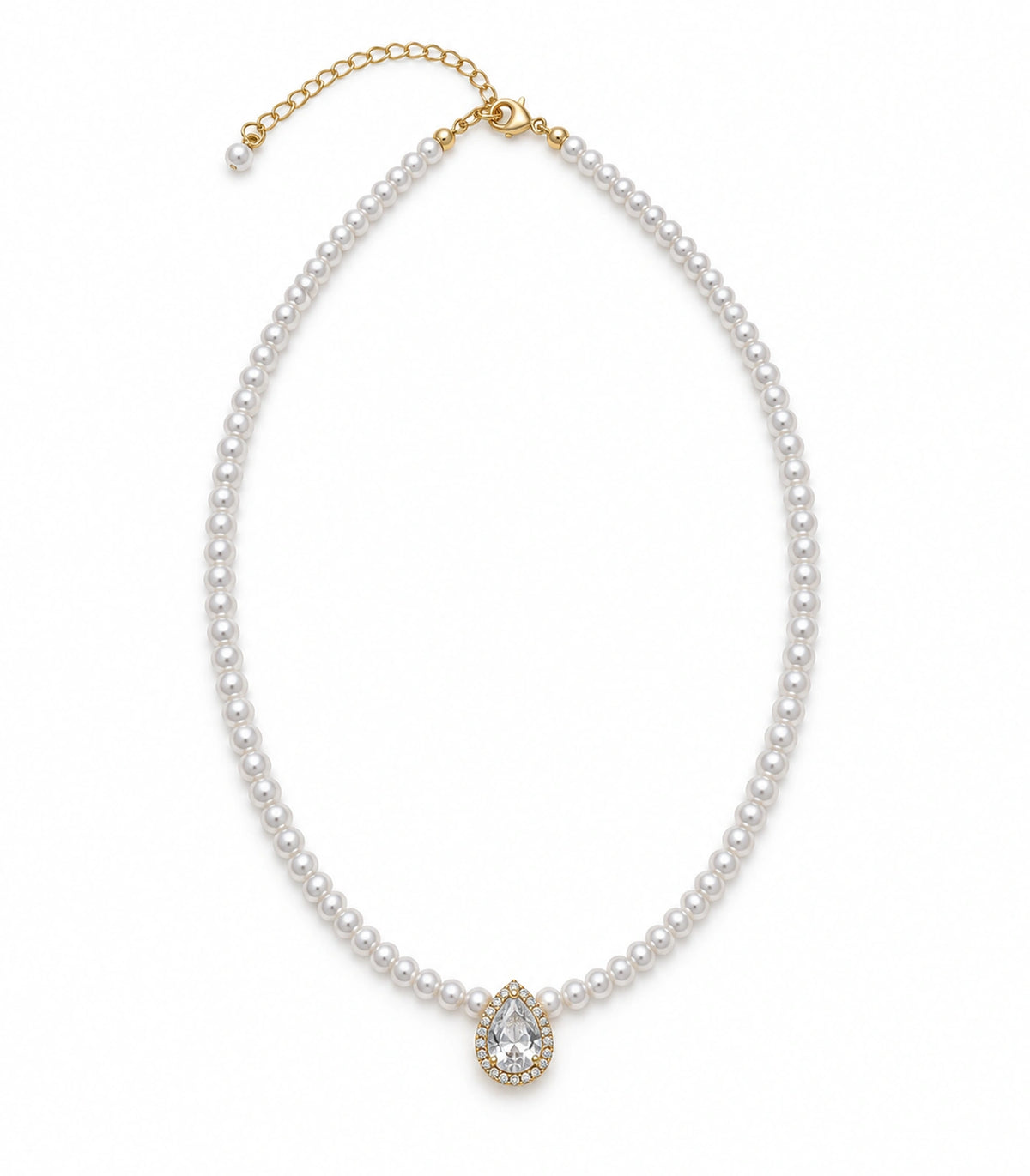 JIMIKI Gold Tone Pear Halo Crystal Pearl Style Necklace in Gold tone / white, white background product view