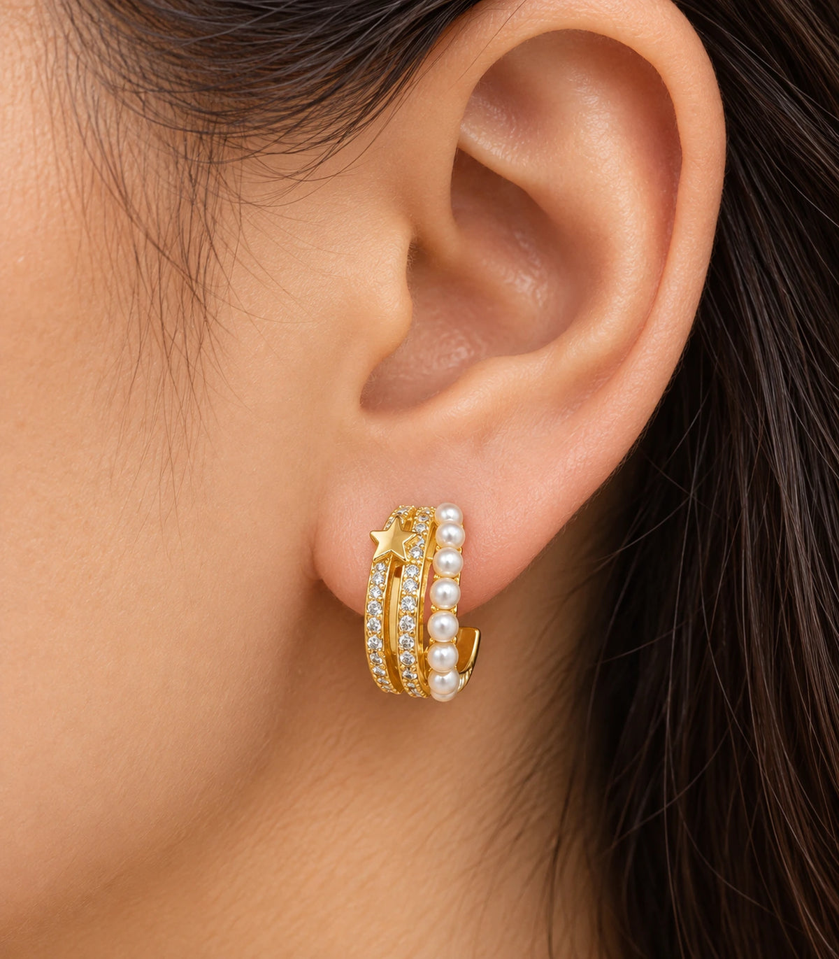 JIMIKI Gold Tone Pearl and Crystal Rail Hoop Earrings in Gold Tone - close-up details #color_gold-tone