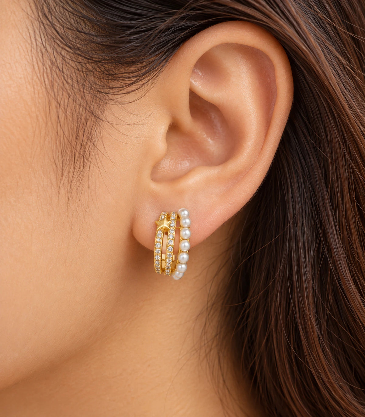 JIMIKI Gold Tone Pearl and Crystal Rail Hoop Earrings in Gold Tone - worn styling view #color_gold-tone