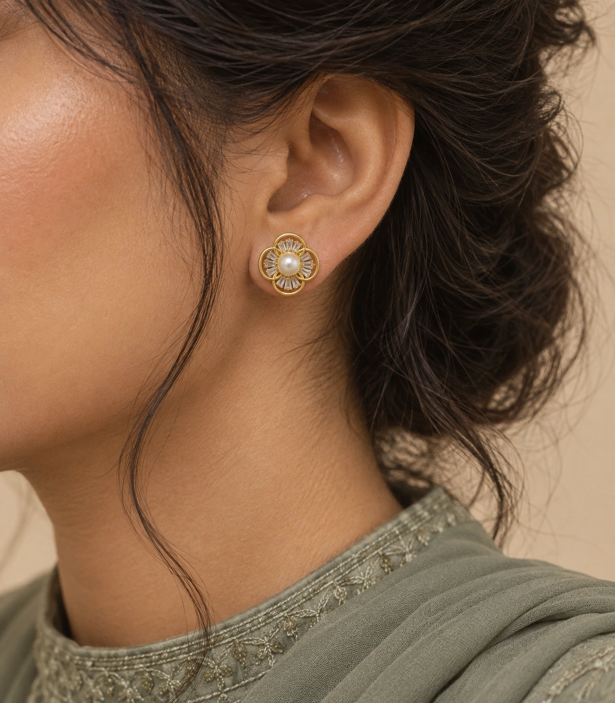 JIMIKI Pearl Centre Crystal Flower Stud Earring Pair in Gold Tone, editorial model view #color_gold tone