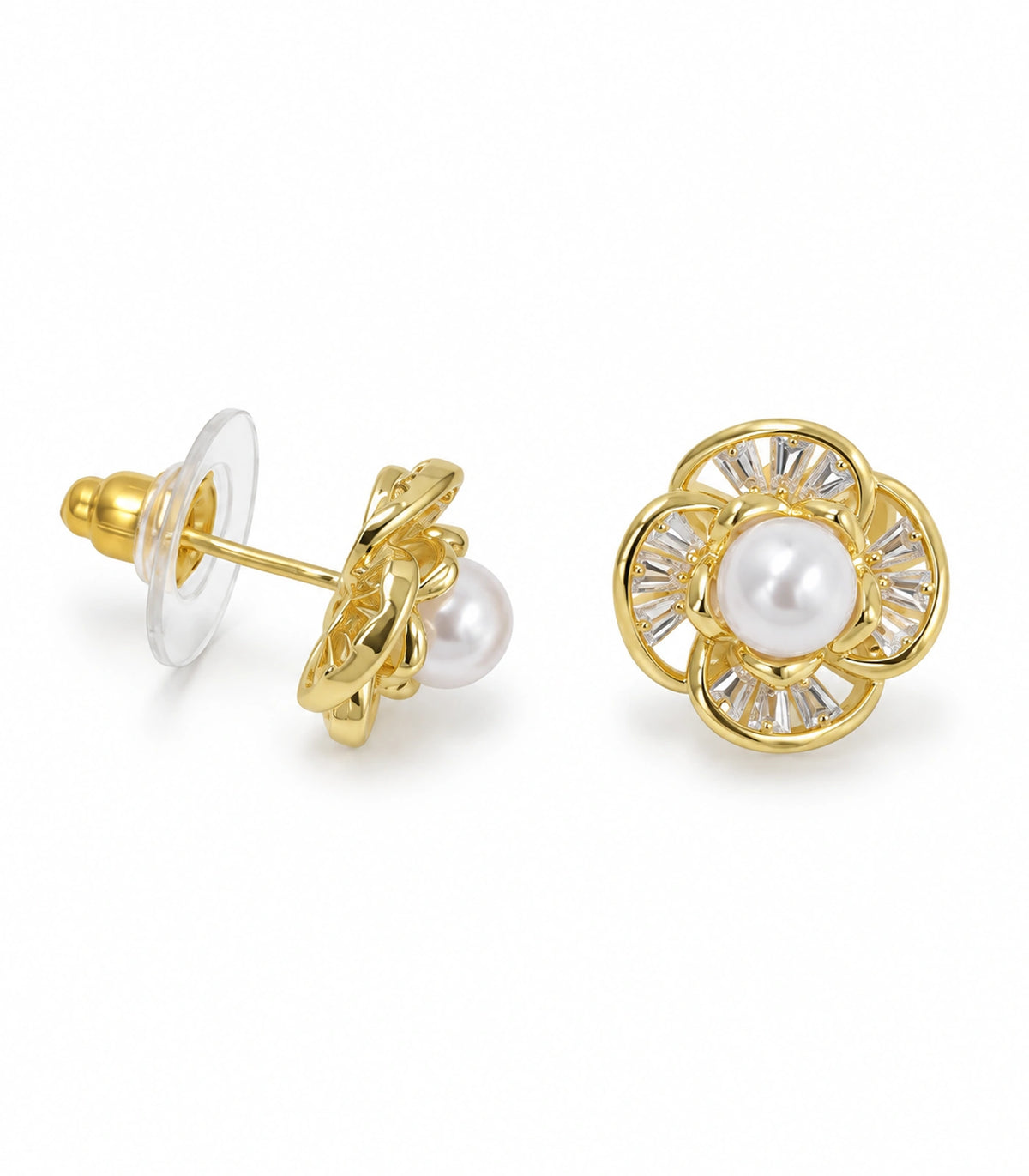 JIMIKI Pearl Centre Crystal Flower Stud Earring Pair in Gold Tone, white background product view #color_gold tone