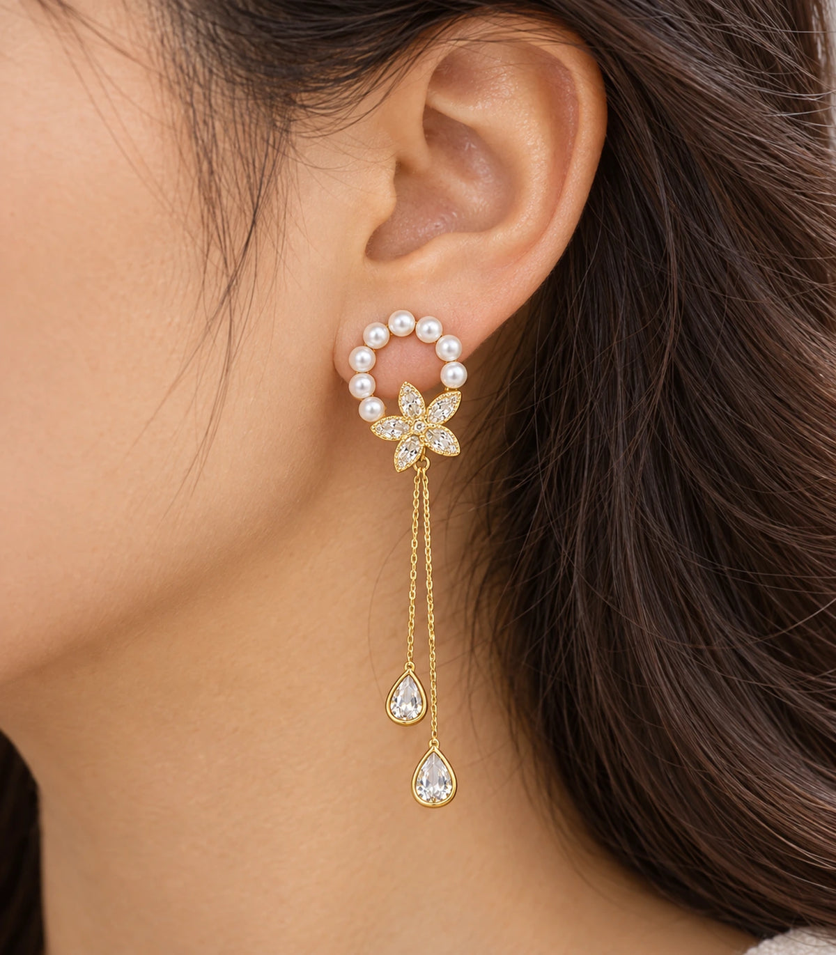 JIMIKI Gold-Tone Pearl Halo Flower Chain Drop Earrings — close-up of the earring design #color_gold-tone / white