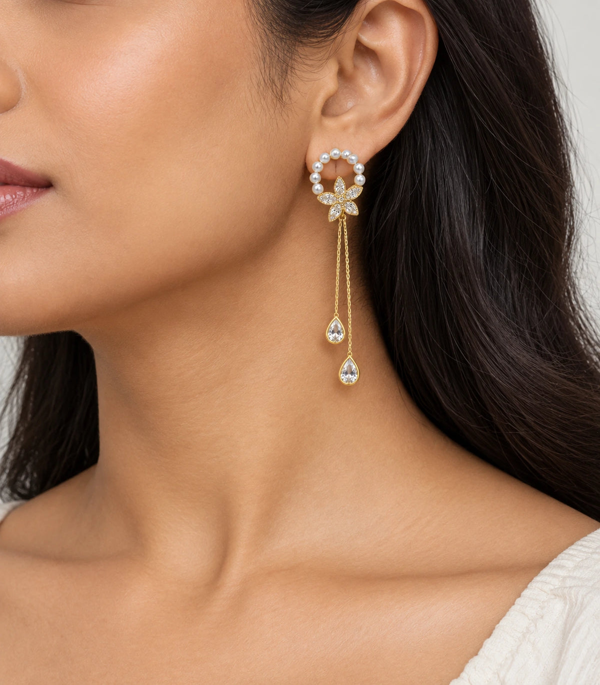JIMIKI Gold-Tone Pearl Halo Flower Chain Drop Earrings — worn on the ear #color_gold-tone / white