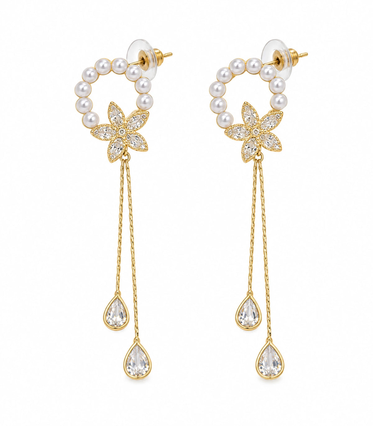 JIMIKI Gold-Tone Pearl Halo Flower Chain Drop Earrings — pair on white background #color_gold-tone / white