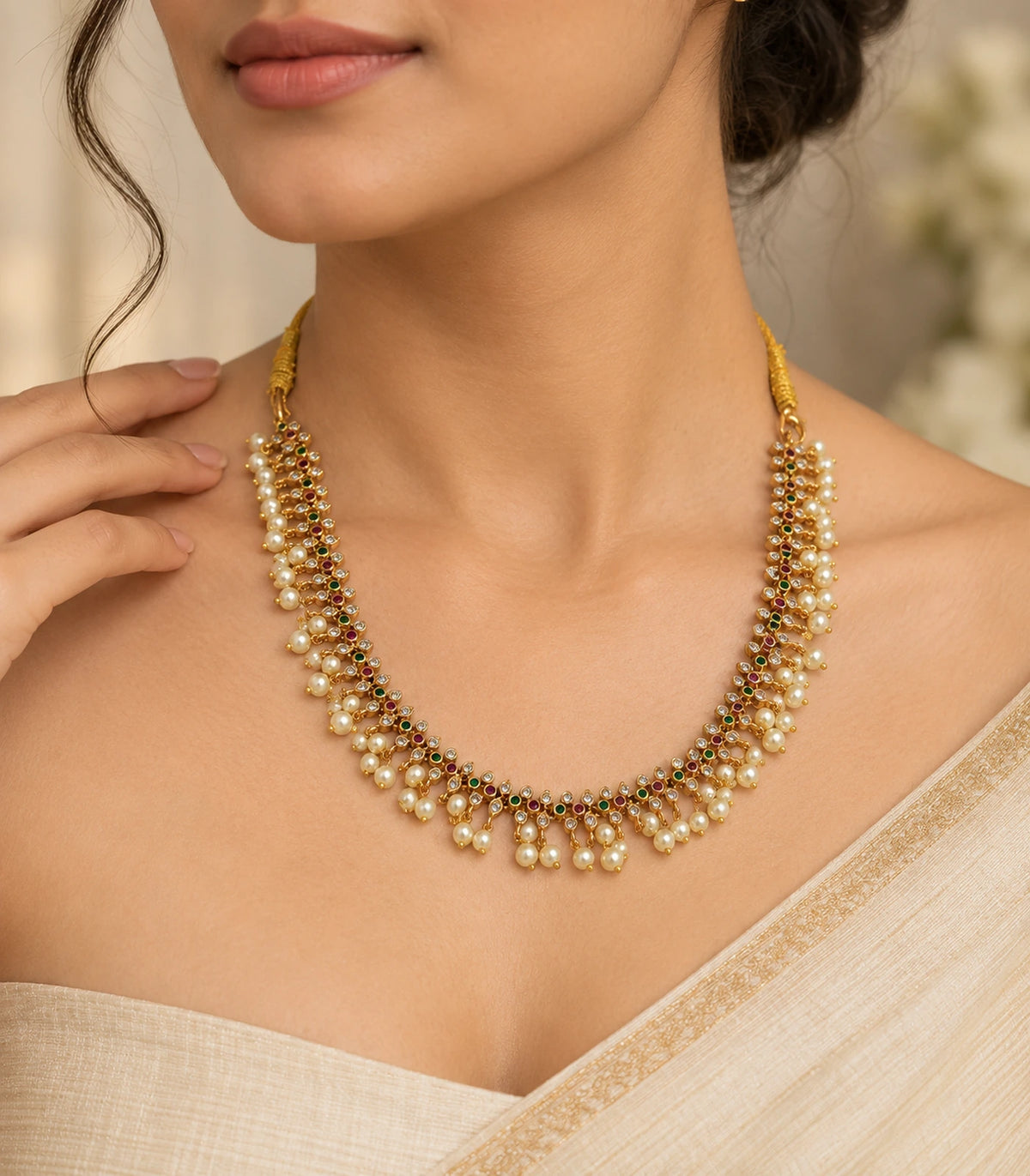 Gold-tone pearl lattice collar necklace worn with a light occasion outfit