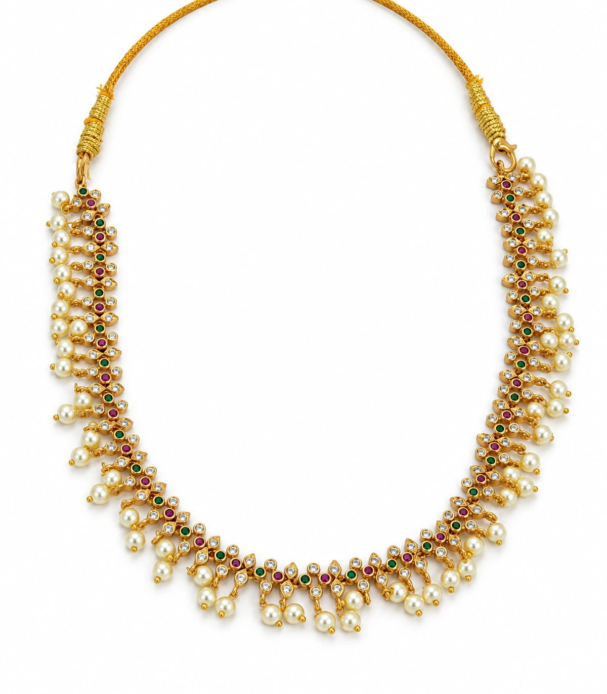 Gold-tone pearl lattice collar necklace with red, green and clear accents on white background