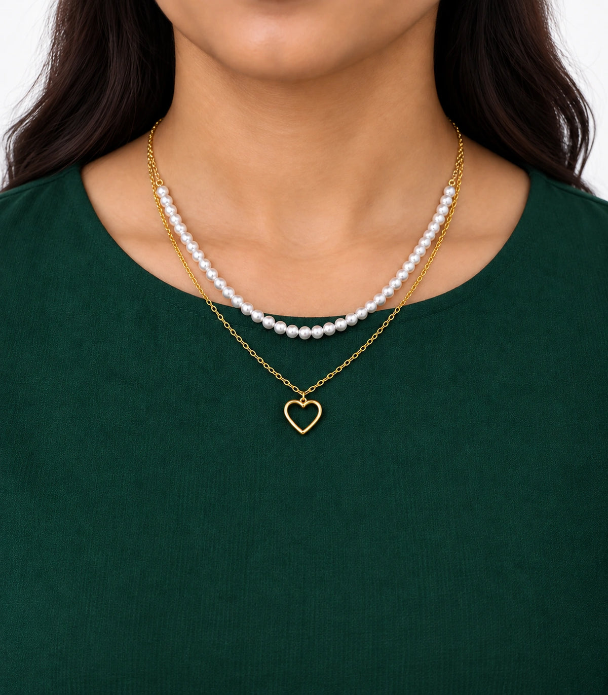 JIMIKI Gold-Tone Pearl Open-Heart Layered Necklace in Gold Tone - worn styling view #color_gold-tone