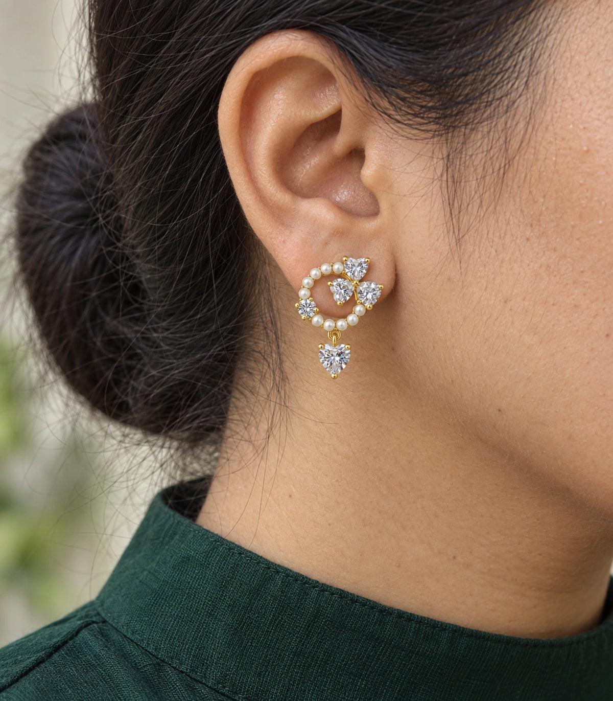 JIMIKI Pearl Ring Crystal Heart Drop Earring Pair in Gold tone / white, close-up detail #color_gold tone / white