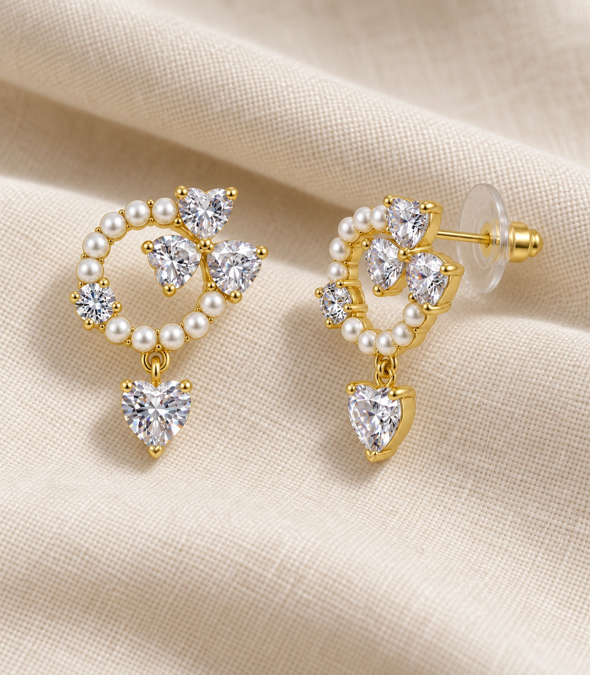 JIMIKI Pearl Ring Crystal Heart Drop Earring Pair in Gold tone / white, editorial flat lay #color_gold tone / white