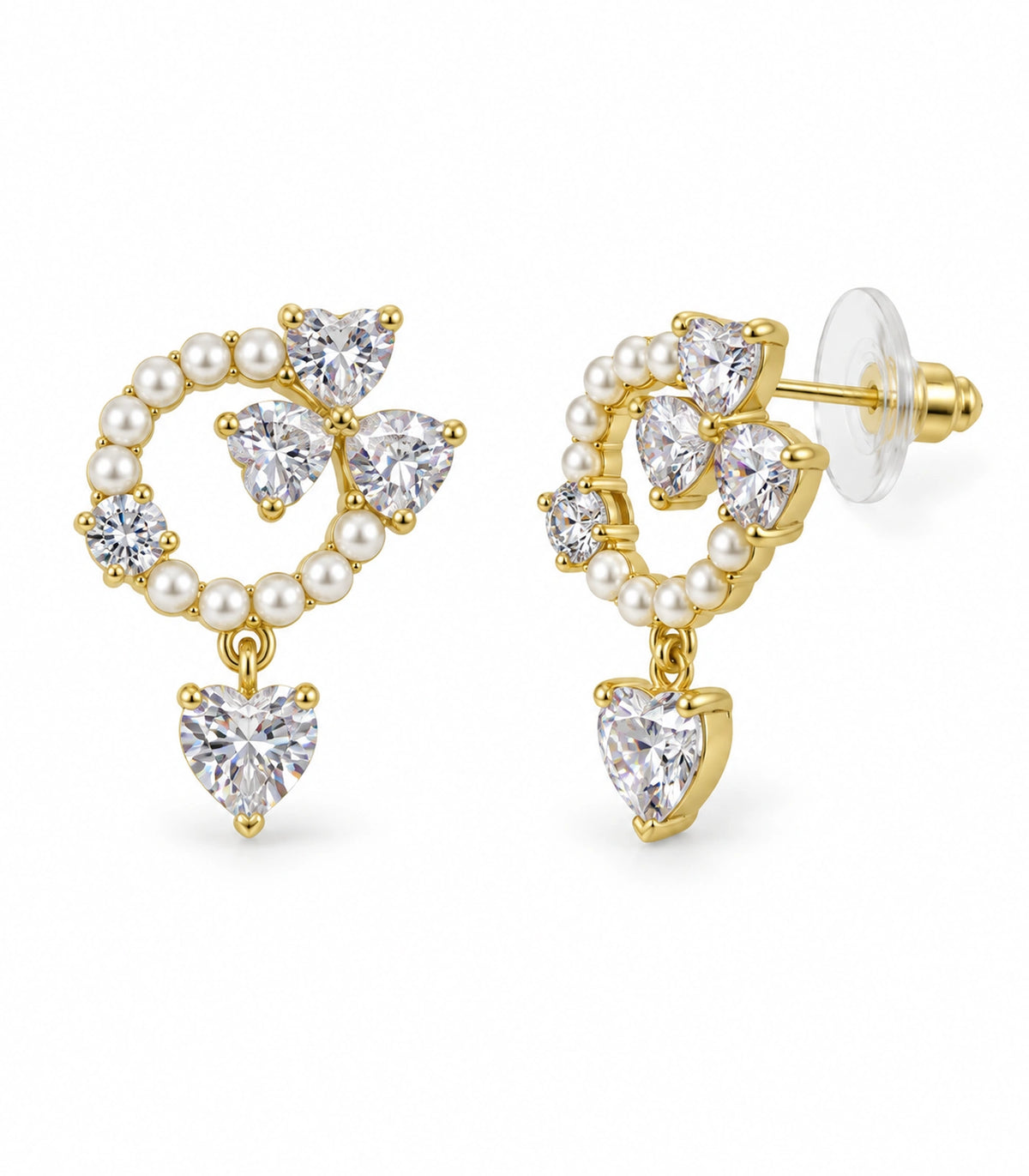 JIMIKI Pearl Ring Crystal Heart Drop Earring Pair in Gold tone / white, white background product view #color_gold tone / white