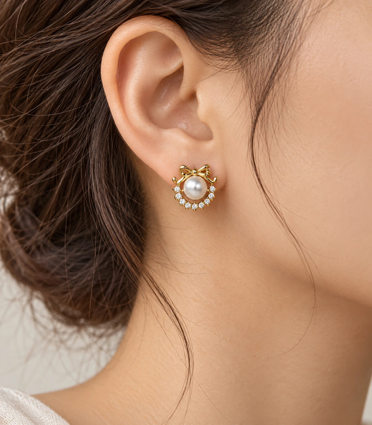 JIMIKI Gold Tone Pearl Wreath Bow Stud Earrings - editorial-model #color_gold-tone