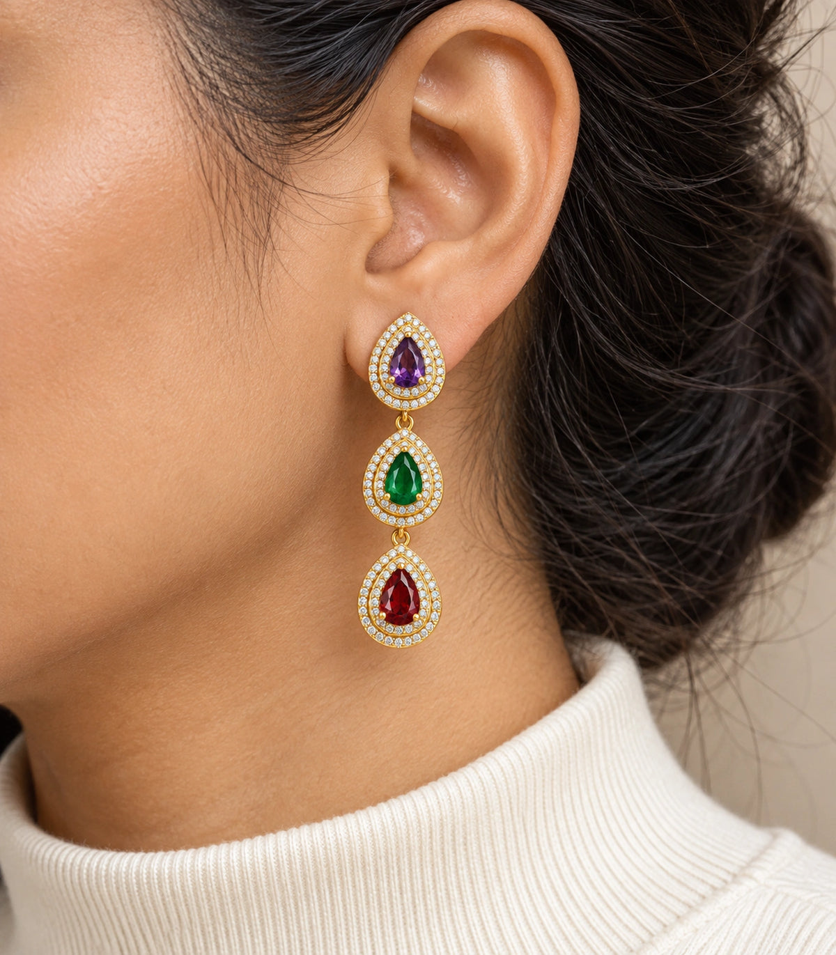 JIMIKI Gold-Tone Purple Green Red Triple-Teardrop Halo Earrings in Gold Tone / Purple, Green & Red, model wearing view