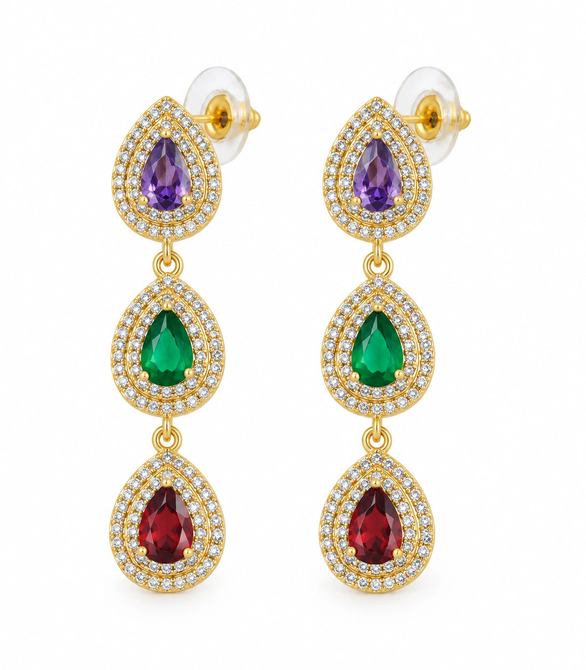 JIMIKI Gold-Tone Purple Green Red Triple-Teardrop Halo Earrings in Gold Tone / Purple, Green & Red, white background product view