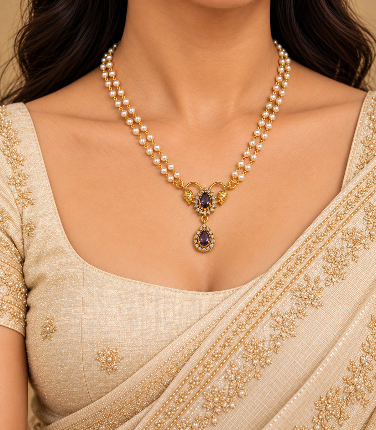Single purple leaf pendant necklace worn in a warm turned composition with modest cream clothing; ears and eyes outside frame.
