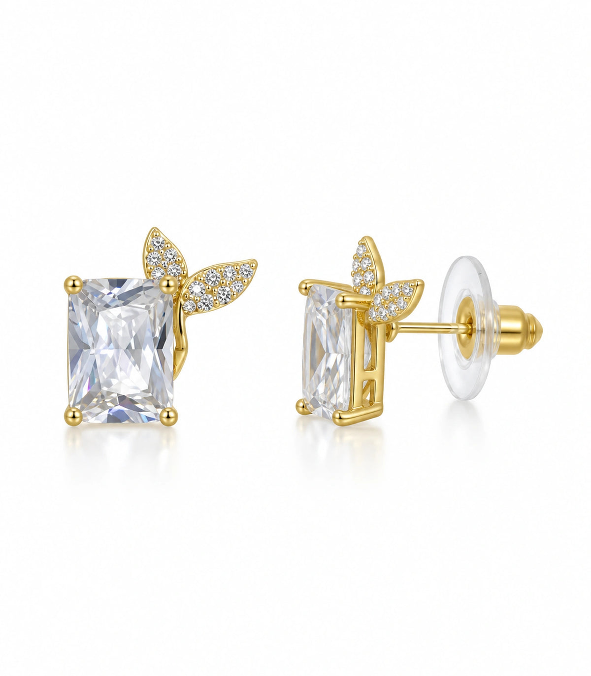 JIMIKI Rectangular Crystal Twin Leaf Stud Earring Pair in Gold-tone, white background product view #color_gold-tone