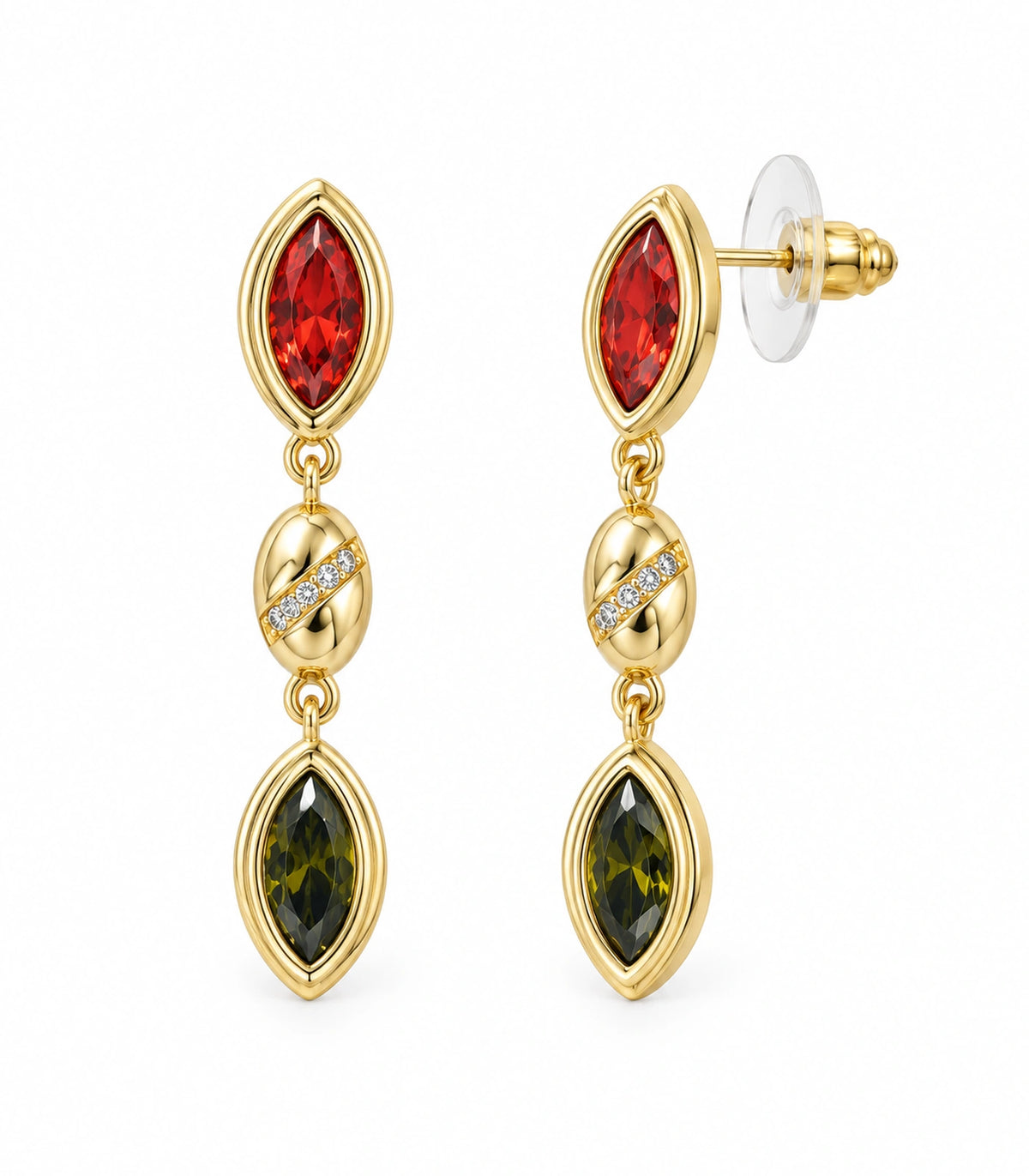 JIMIKI Marquise Crystal Oval Link Drop Earring Pair in Gold-tone / Red / Olive green, white background product view #color_gold-tone / red / olive green