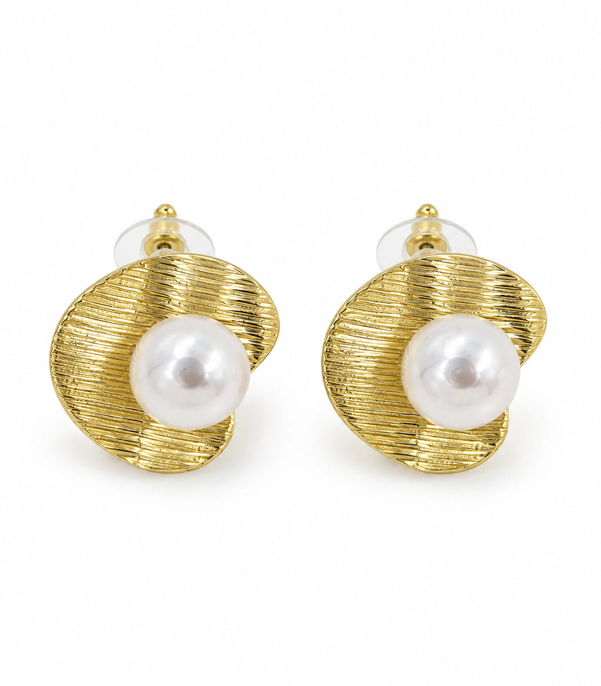 JIMIKI Ribbed Curved Disc Pearl Stud Earring Pair in Gold tone / White, white background product view #color_gold tone / white