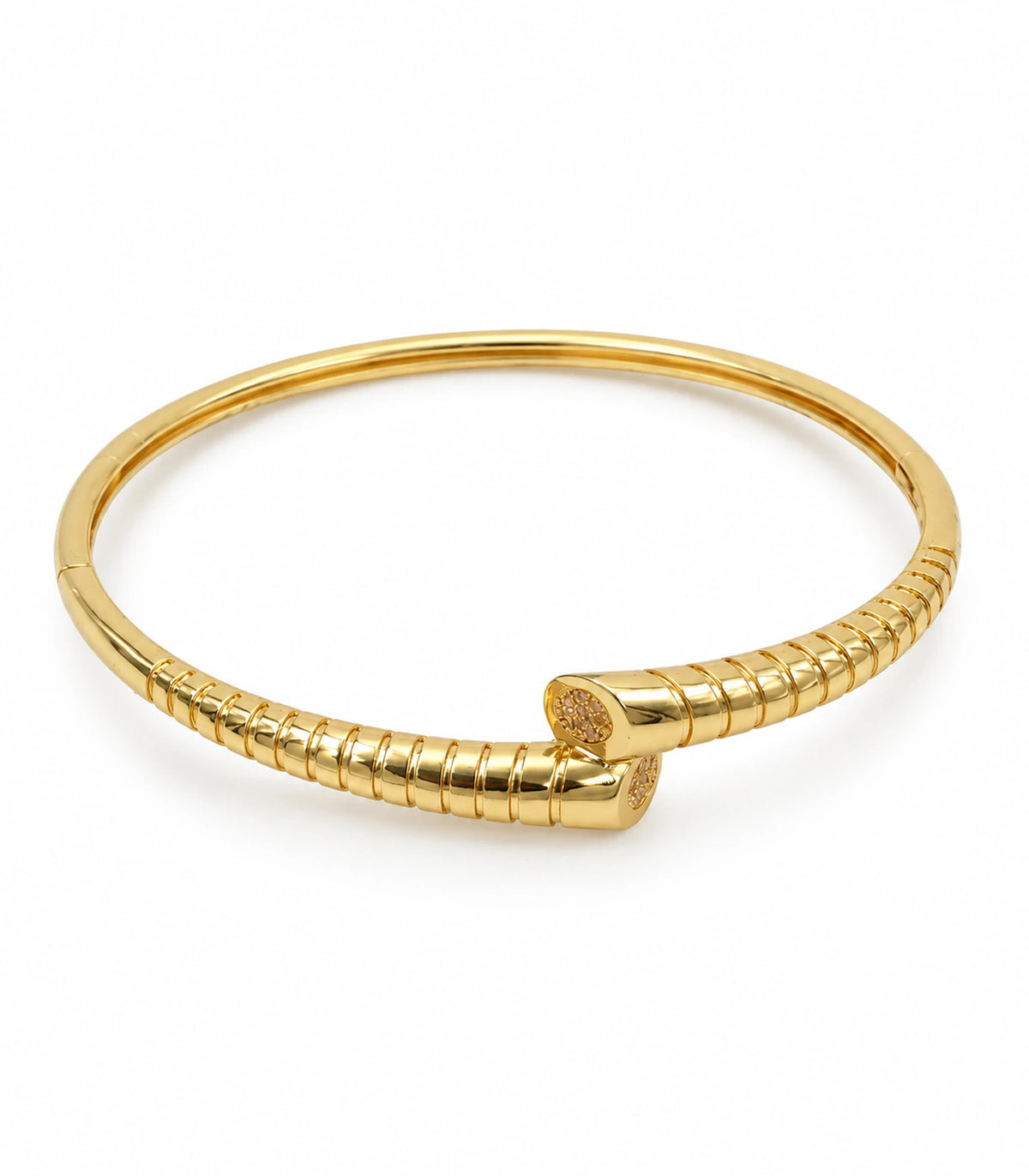 JIMIKI Gold-Tone Ribbed Pavé Tip Open Cuff Bangle — bangle on white background #color_gold-tone / clear