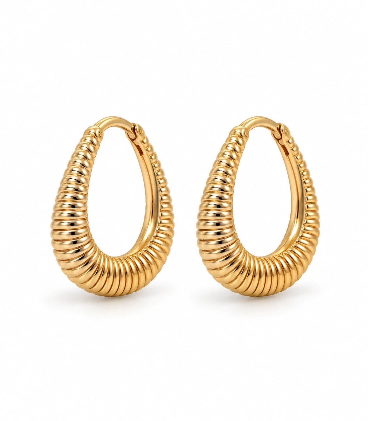 JIMIKI Ribbed Teardrop Hoop Earrings in Gold Tone - white background #color_gold-tone