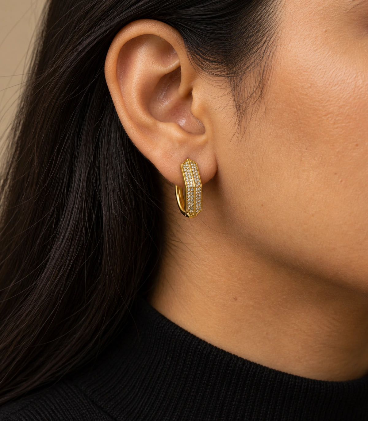 JIMIKI ridged pave hinged hoop earring pair in gold tone, editorial model view #color_gold tone