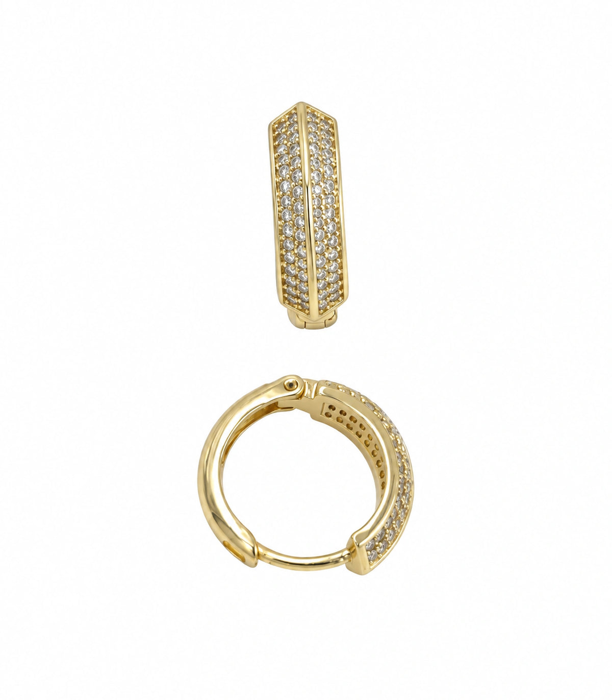 JIMIKI ridged pave hinged hoop earring pair in gold tone, white background view #color_gold tone