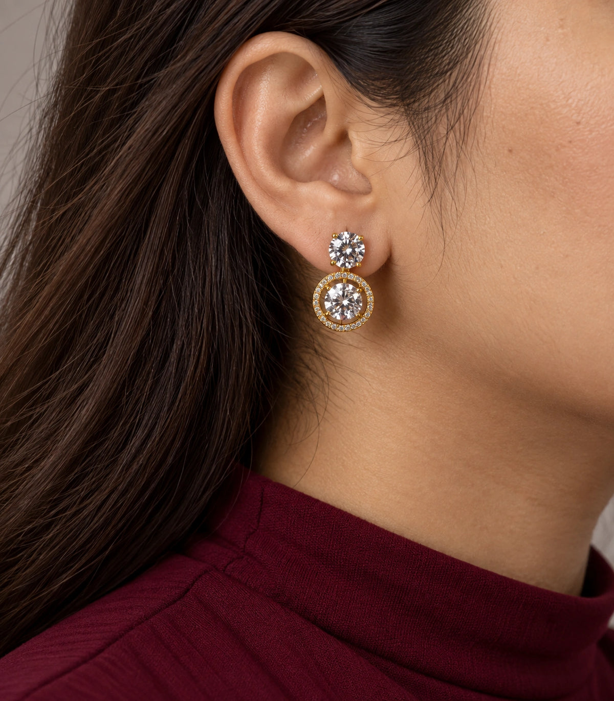 JIMIKI Gold Tone Round Crystal Halo Drop Earring Pair in Gold-tone, model wearing view