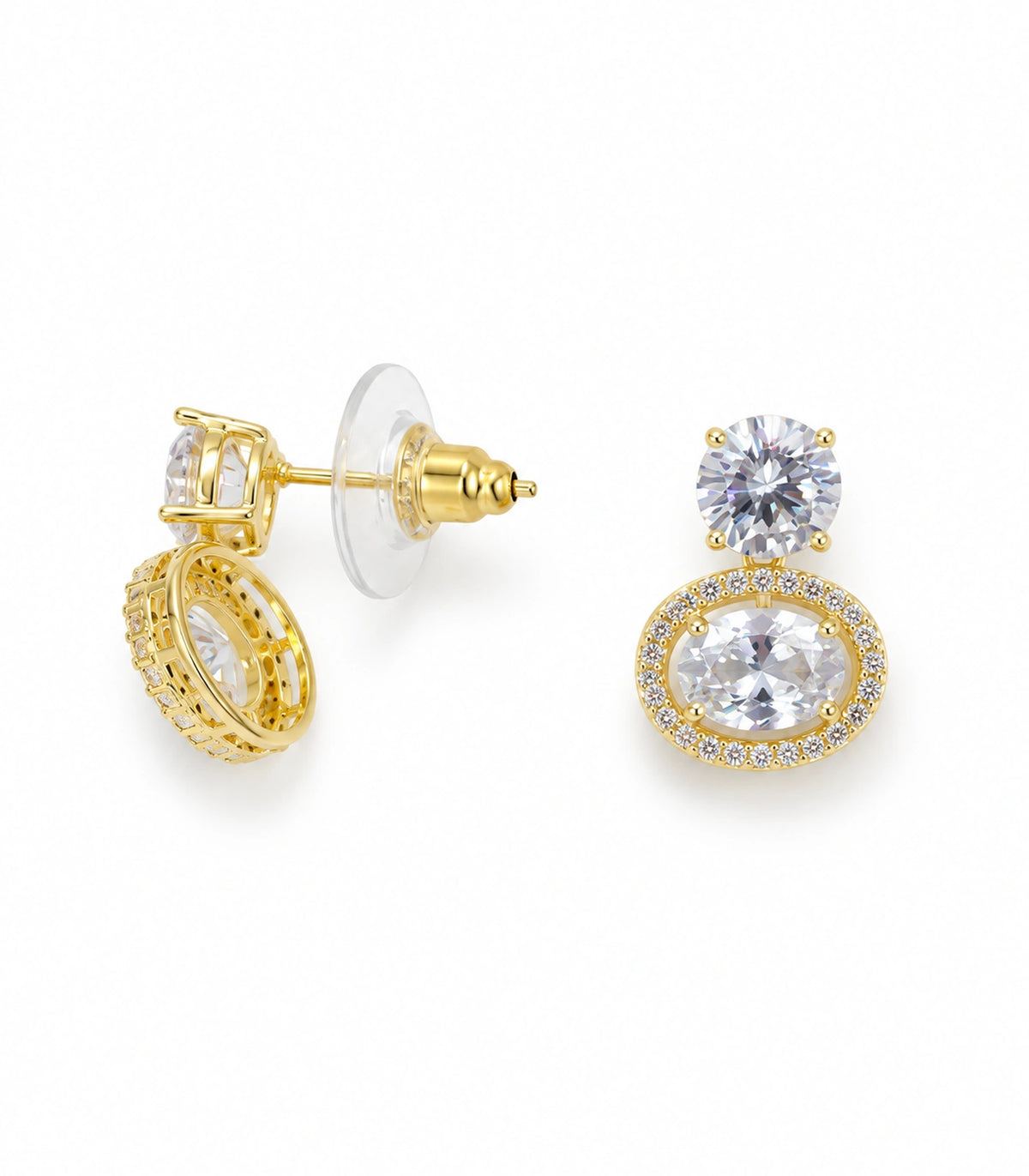 JIMIKI Gold Tone Round Crystal Halo Drop Earring Pair in Gold-tone, white background product view